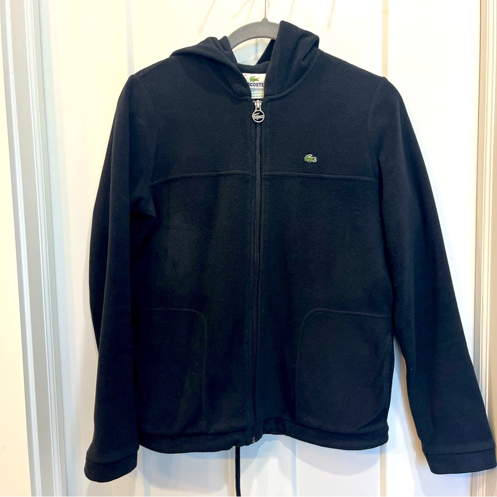 Lacoste Full Zip Fleece Jacket Women’s Size 38 Black Long Sleeve Drawstring Hem